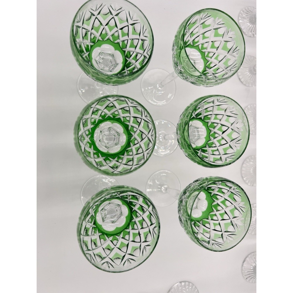 Green and Clear Etched Decorated Stemmed Wine Glasses Six-Piece Set Round Shape